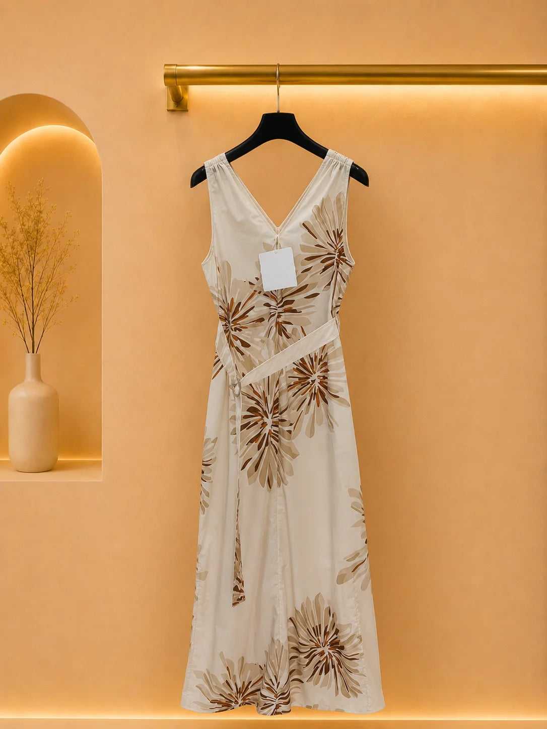 Women's Floral Cotton Sleeveless V Neck Midi Dress With Tie