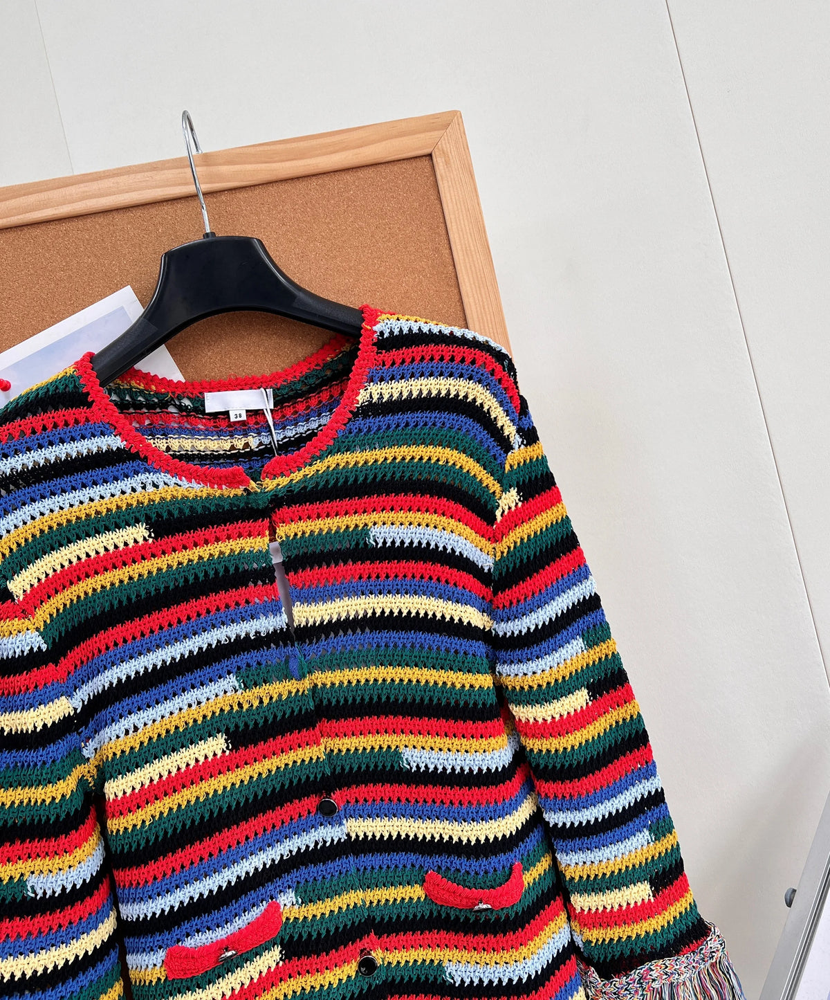 Women's Knit Striped Cardigan With Fringe Hem And Crochet Detail