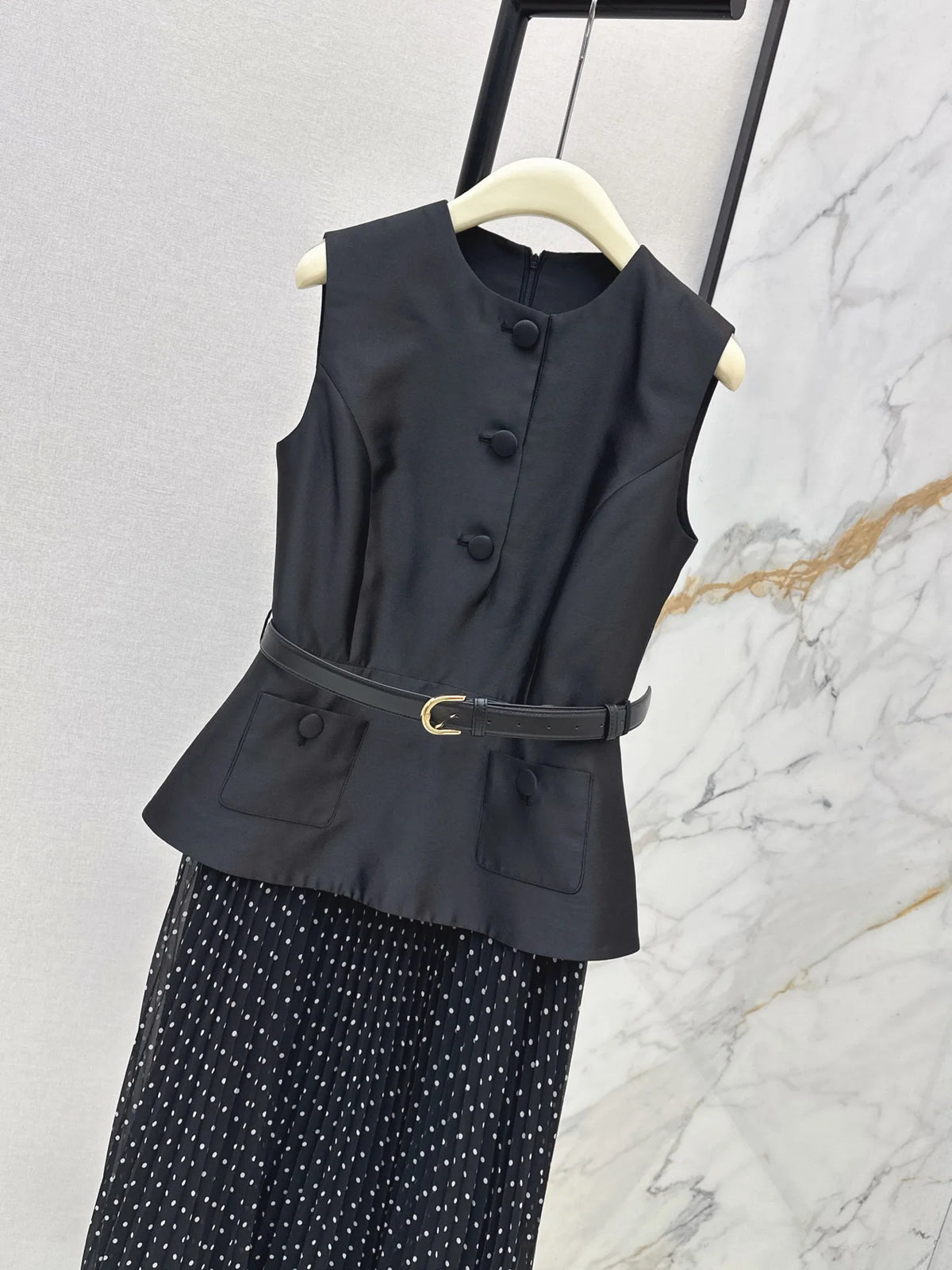 Women's Sleeveless Vest Dress With Sash Polka Dot Tulle Skirt