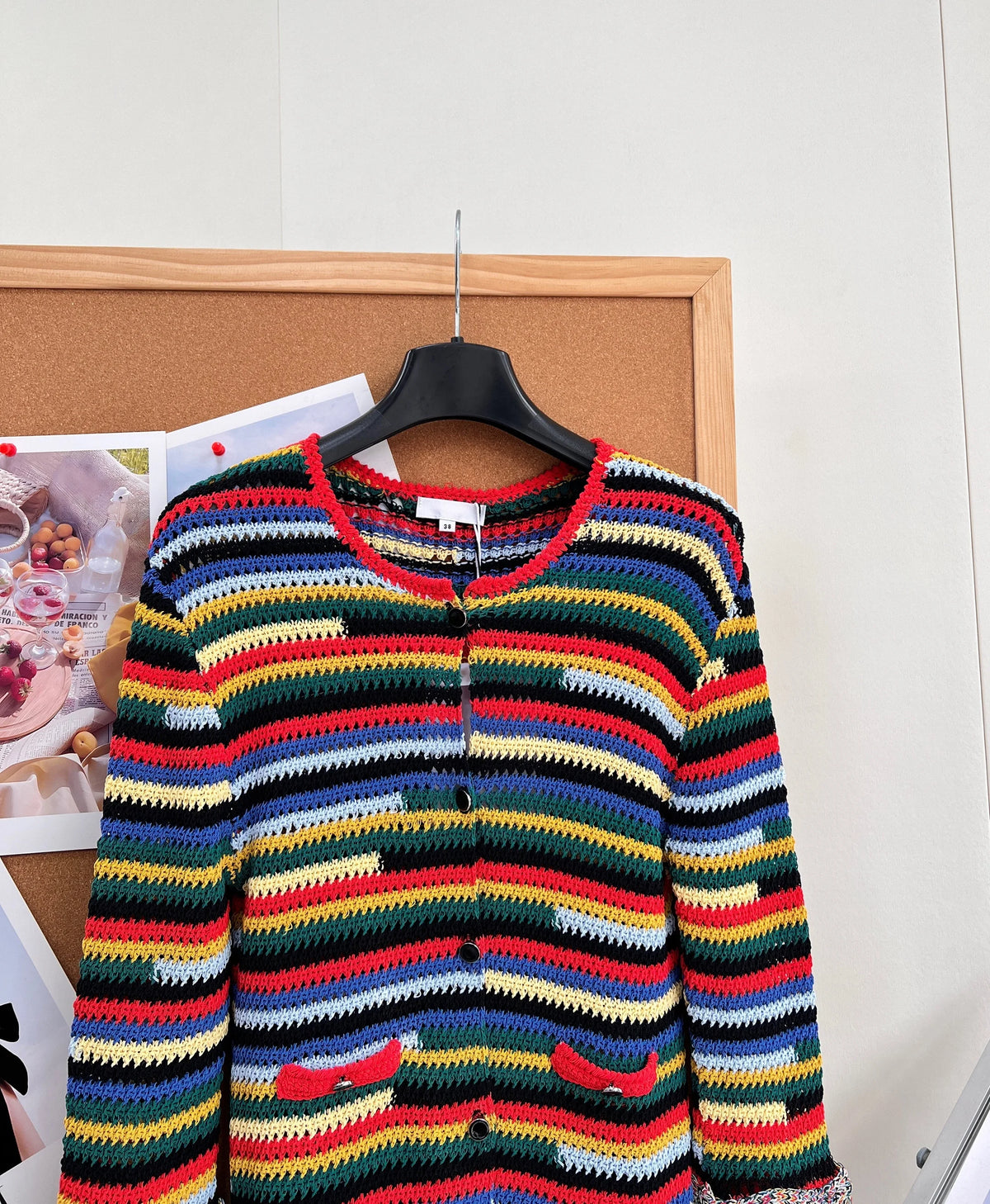 Women's Knit Striped Cardigan With Fringe Hem And Crochet Detail