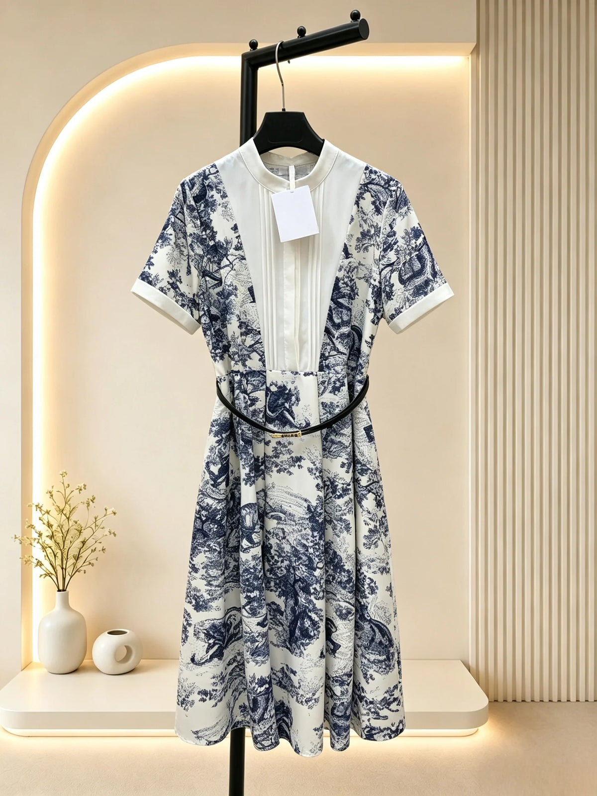 Women's Vintage Print Midi Dress With Pleated Bust Belted Waist
