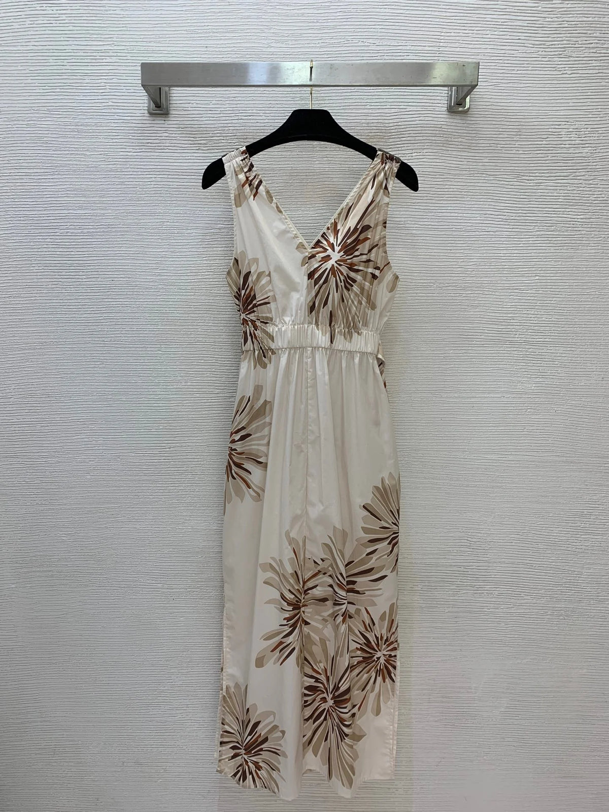 Women's Floral Cotton Sleeveless V Neck Midi Dress With Tie