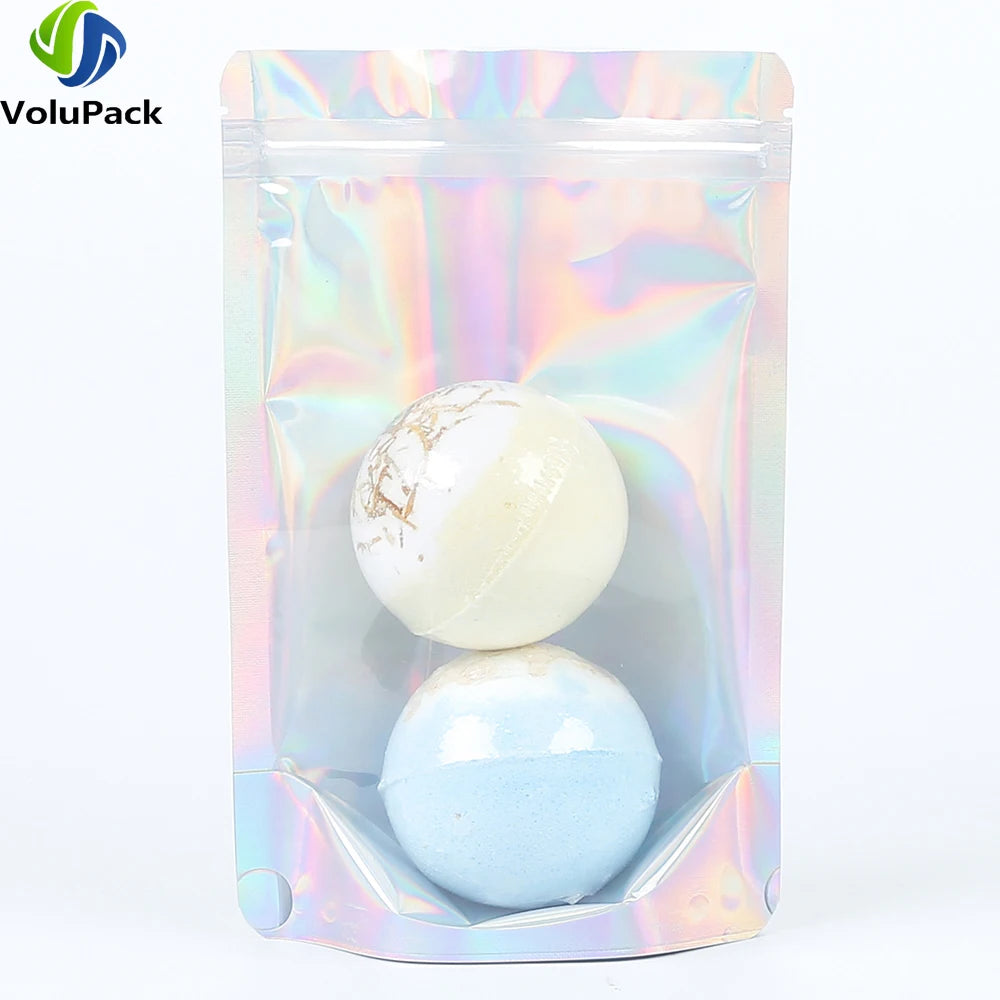 100PCS Smell Proof Plastic Package Ziplock Bags Clear Front Holographic Silver Pouches Recyclable Metallic Mylar Storage Bags