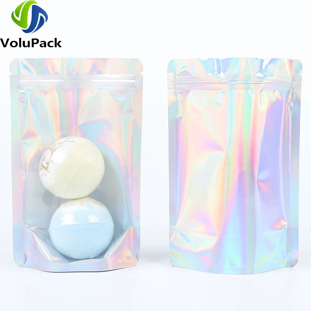 100PCS Smell Proof Plastic Package Ziplock Bags Clear Front Holographic Silver Pouches Recyclable Metallic Mylar Storage Bags