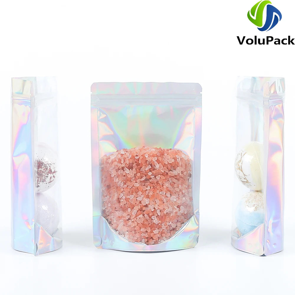 100PCS Smell Proof Plastic Package Ziplock Bags Clear Front Holographic Silver Pouches Recyclable Metallic Mylar Storage Bags