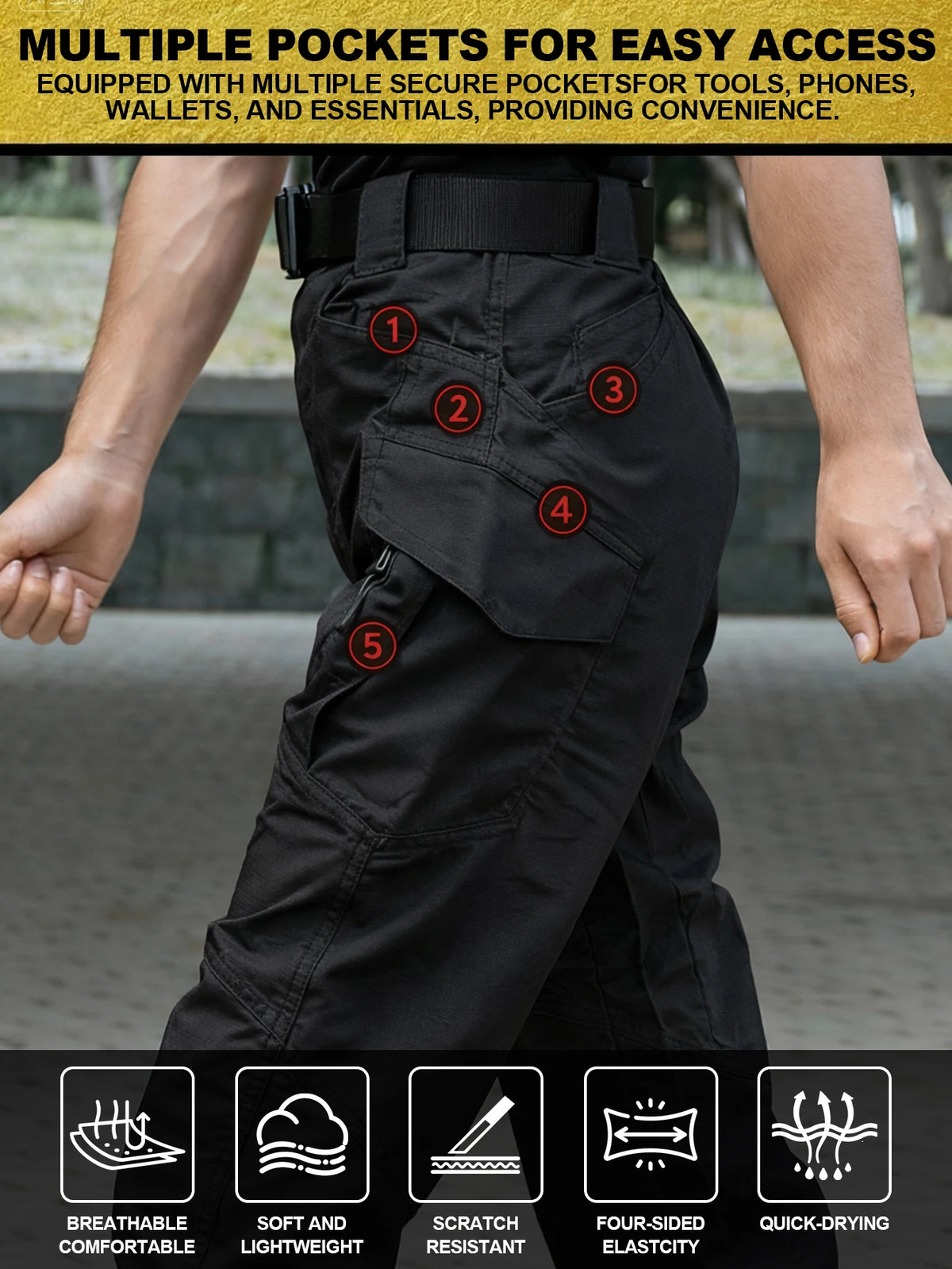 Mens Lightweight Ripstop Cargo Pants Water Resistant Outdoor Trousers