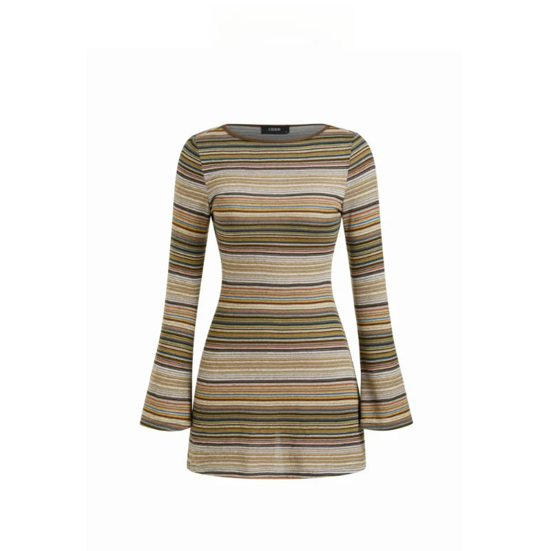 Womens Striped V Neck Bell Sleeve Knit Mini Dress Fashion