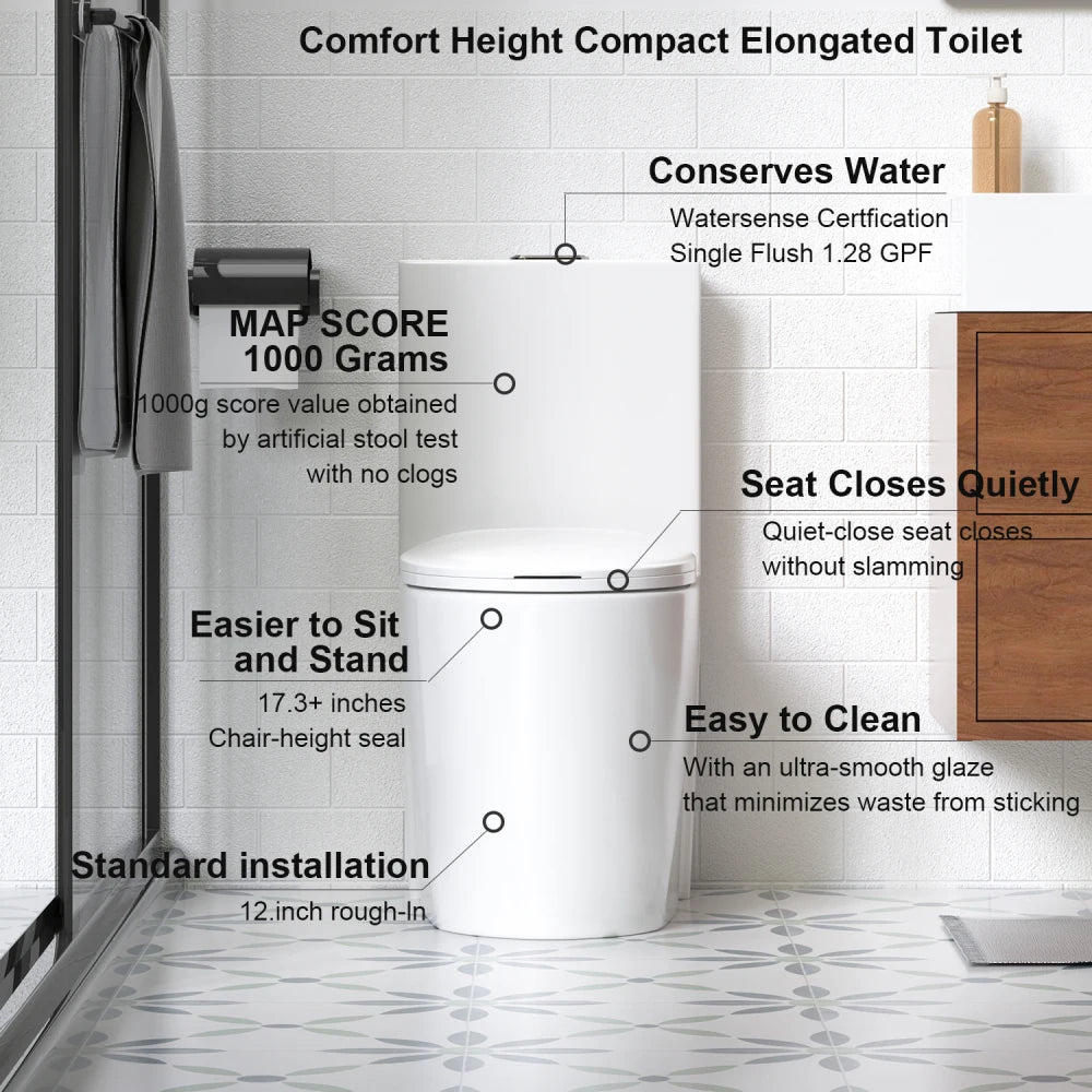 1.1/1.6 GPF Tornado Flush One-Piece Toilet for bathrooms,Siphonic S-trap 12",Elongated Bowl with Soft Close Seat,Powerful Dual Flush MAP 1000g,Comfort Chair Seat ADA Height 17",Glossy White GW-001