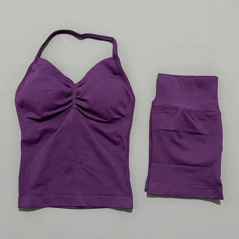Seamless Backless Halter Yoga Tank Top And Shorts Set