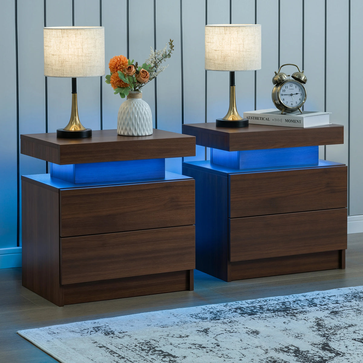 Cubehom Nightstand Set of 2 LED Nightstand with 2 Drawers,Night Stand with LED Light,Bedside Table with Drawers for Bedroom