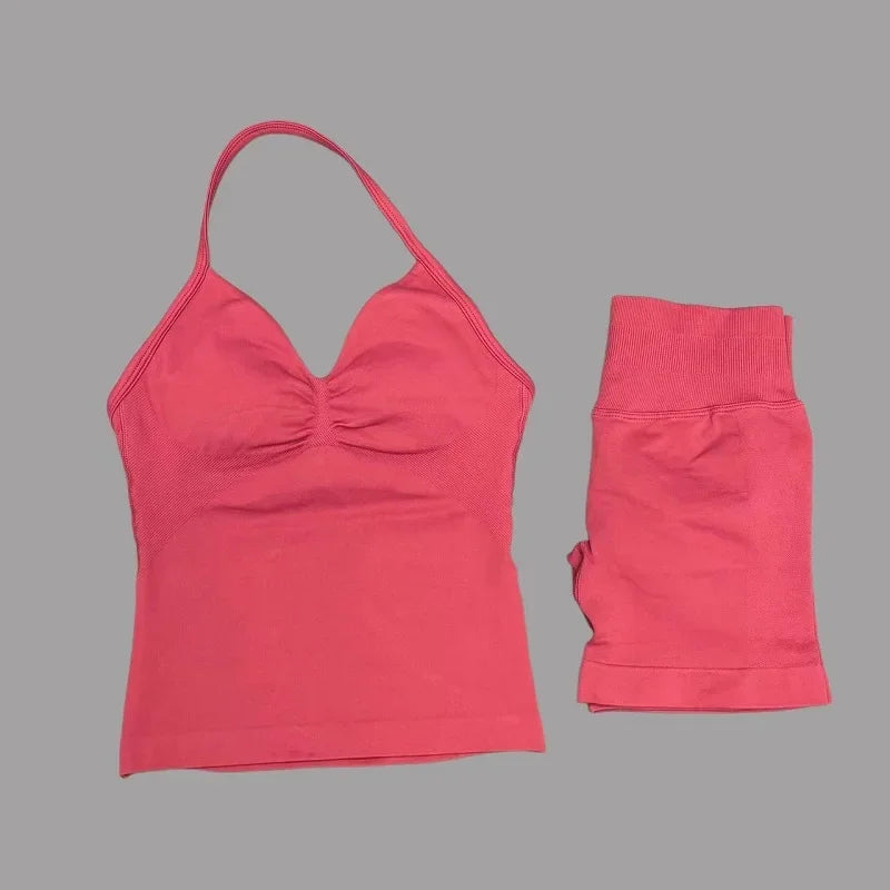 Seamless Backless Halter Yoga Tank Top And Shorts Set