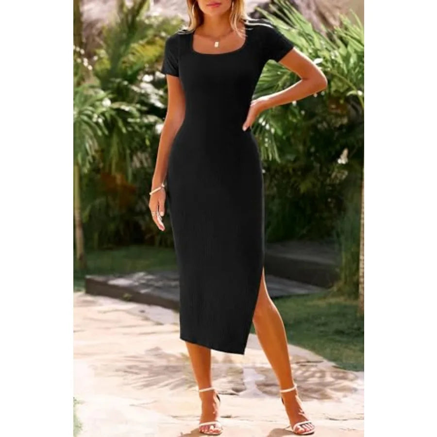Women's Ribbed Knit Bodycon Dress with Square Neck Side Slit