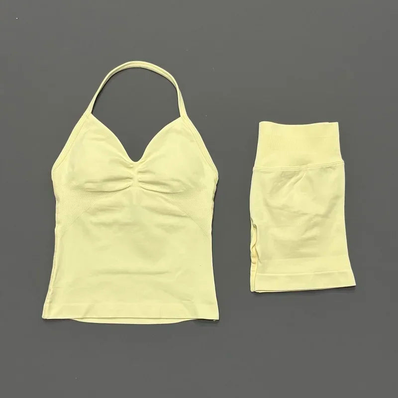 Seamless Backless Halter Yoga Tank Top And Shorts Set