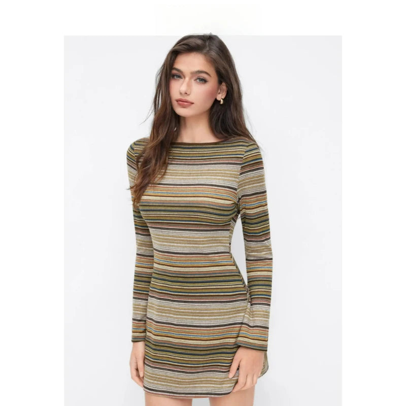 Womens Striped V Neck Bell Sleeve Knit Mini Dress Fashion