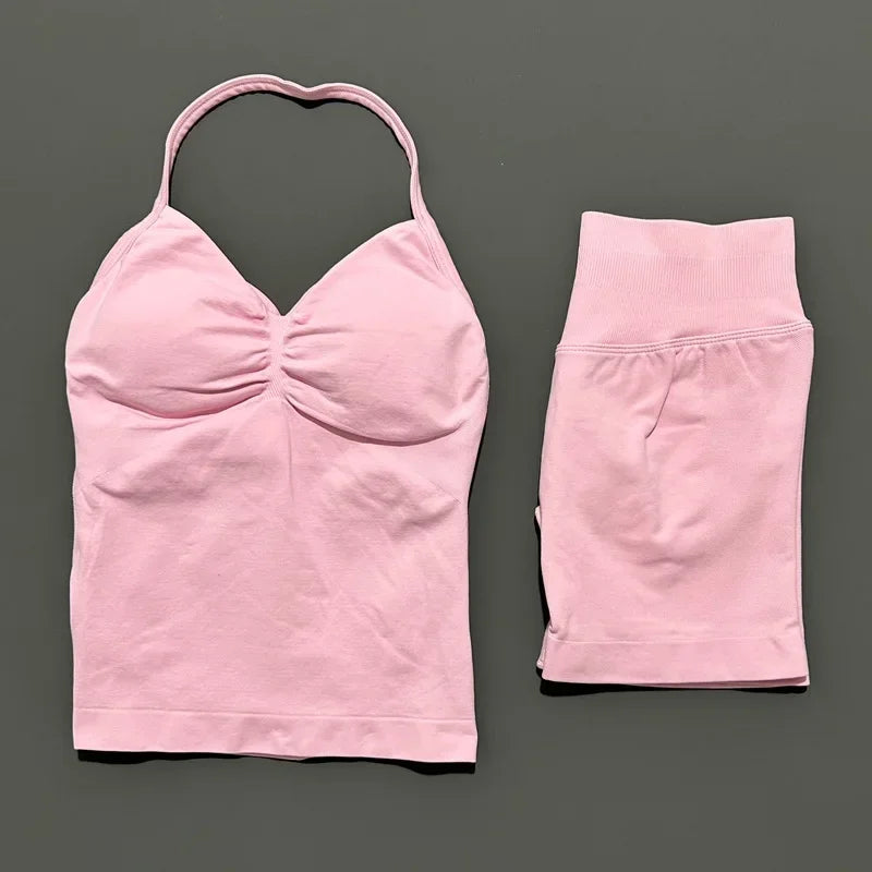 Seamless Backless Halter Yoga Tank Top And Shorts Set