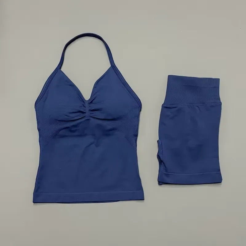 Seamless Backless Halter Yoga Tank Top And Shorts Set