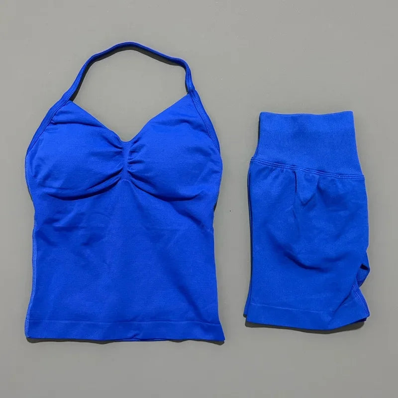 Seamless Backless Halter Yoga Tank Top And Shorts Set