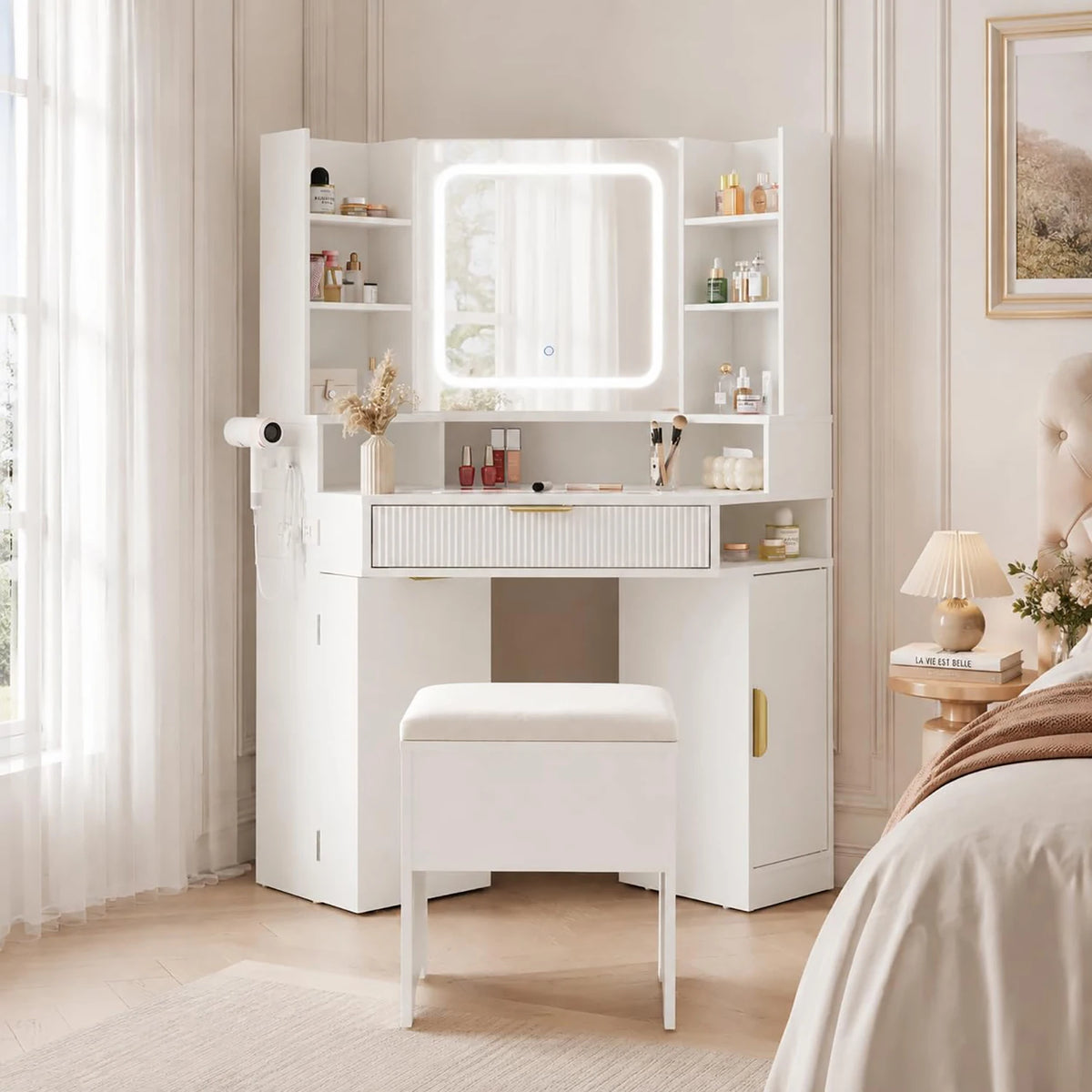 Corner Vanity Desk With Mirror And Lights, Glass Top Makeup Table With Charging Station, Dimmable LED, Drawers For Bedroom