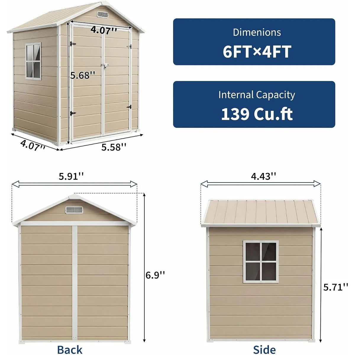 6x4 FT Plastic Resin Outdoor Storage Shed with Reinforced Floor Lockable Door Window Ventilation Weather Resistant Double Wall Garden Tool Lawn Mower Bike Storage for Patio Backyard