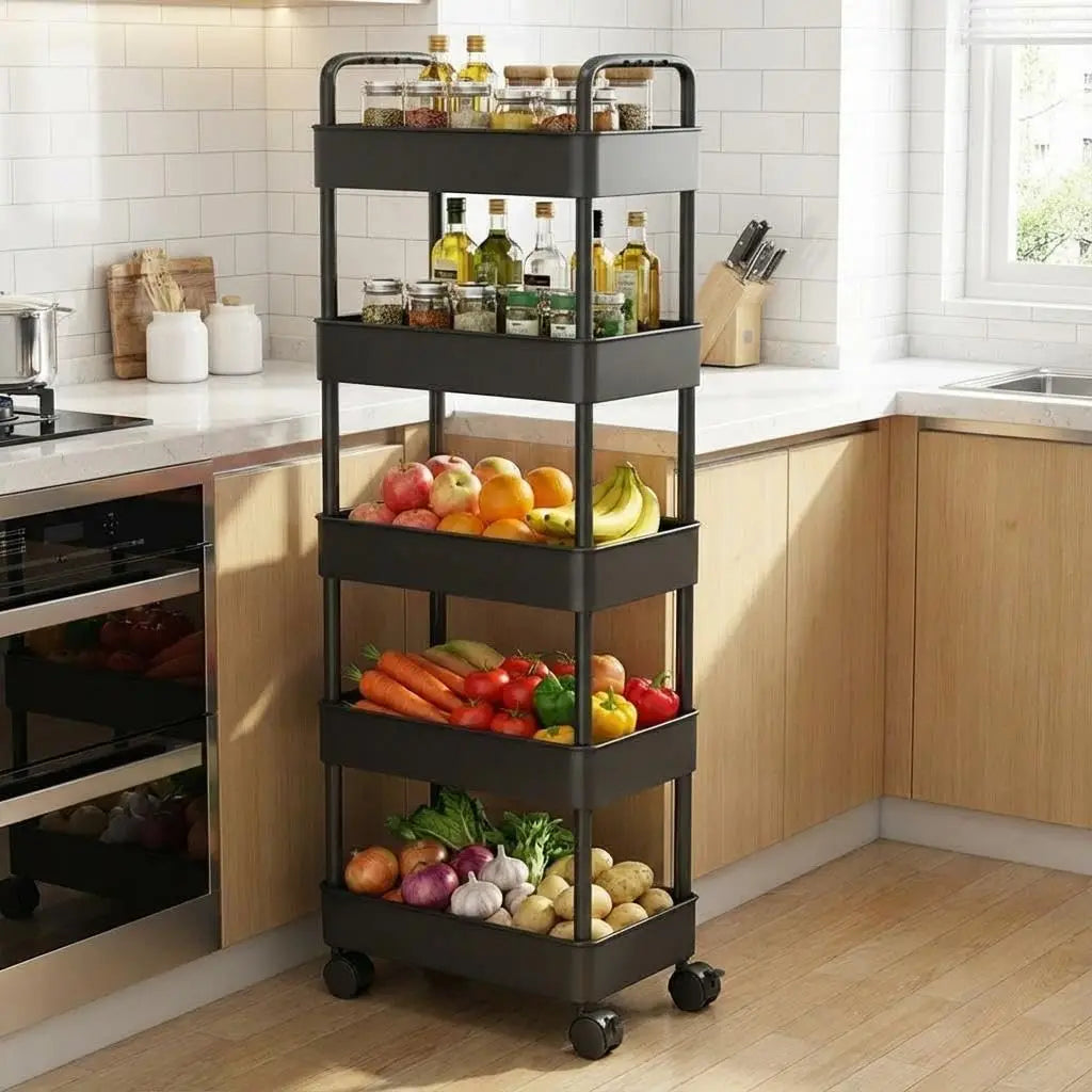 5-Tier Rolling Cart, Plastic Storage Cart with Handle, Plastic Utility Shelving, Space-Saving Mobile Organizer Carts for Kitchen, Bathroom, Laundry, Black