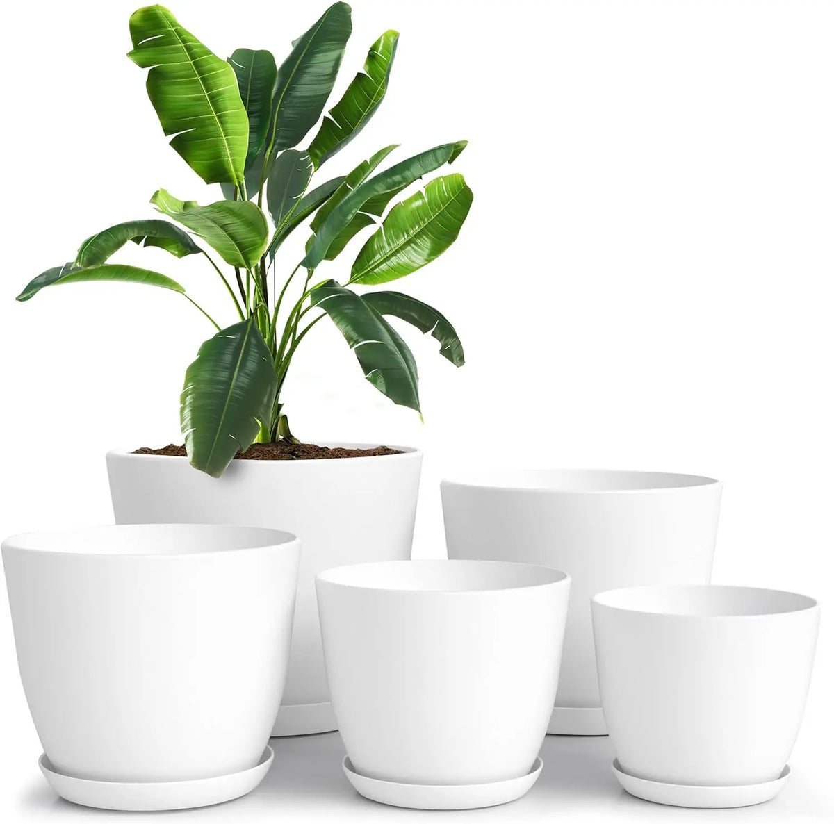 Indoor Plant Pot Set White Plastic Five Drainage Holes Modern Planters Office Home