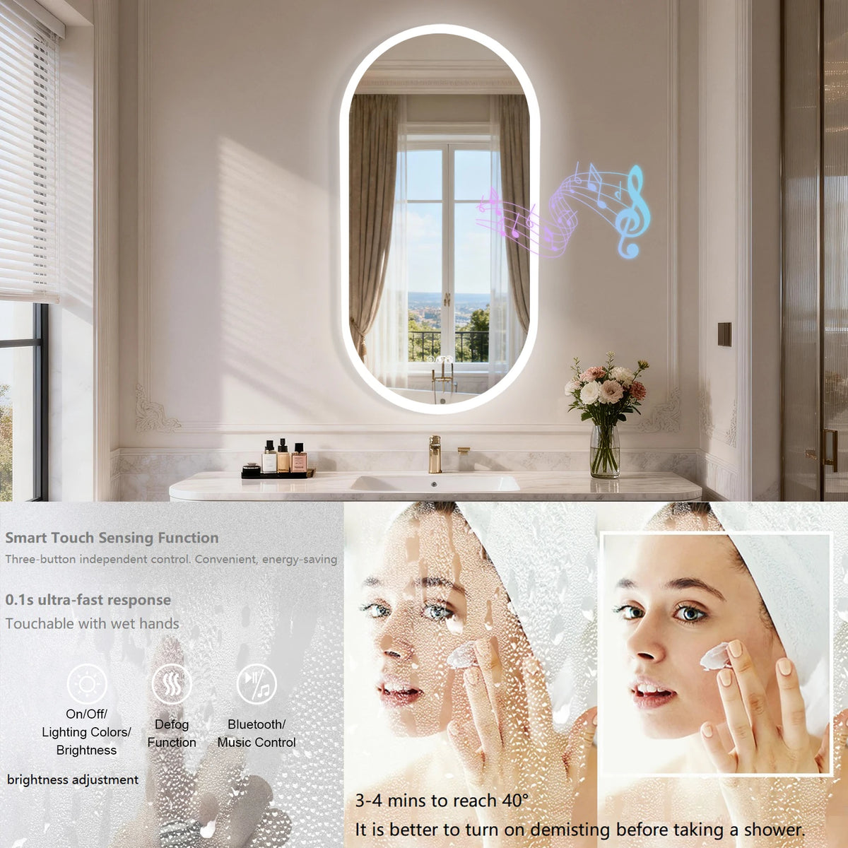 LED Bathroom Mirror 40"/48'' Oval Wall Vanity Mirror with Bluetooth Speakers, Anti-Fog, 3 Color , Dimming, Memory Function