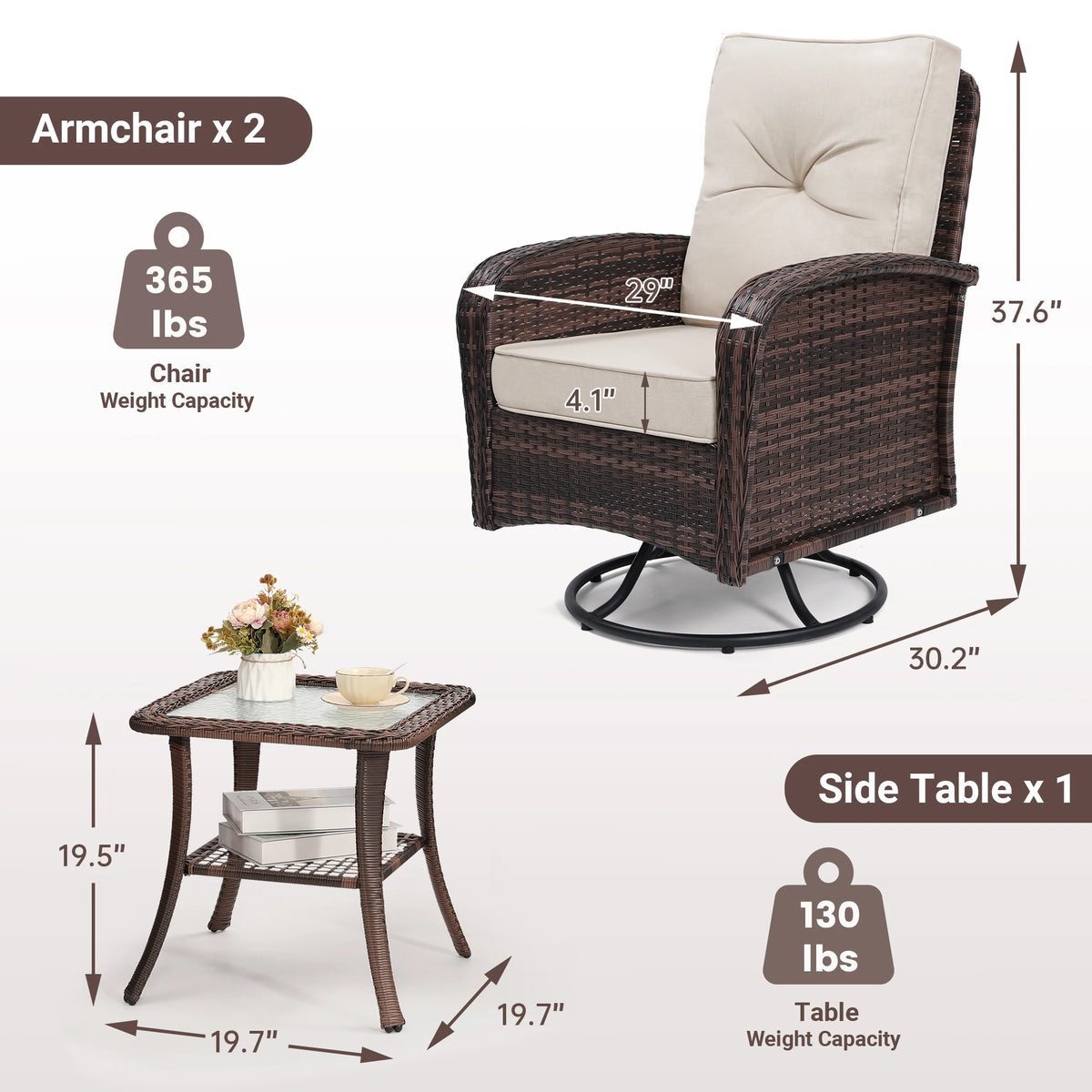 TUAREX Swivel Wicker Chair With Side Table Outdoor Patio Furniture Set Washable Thick Cushion For Balcony Deck Garden