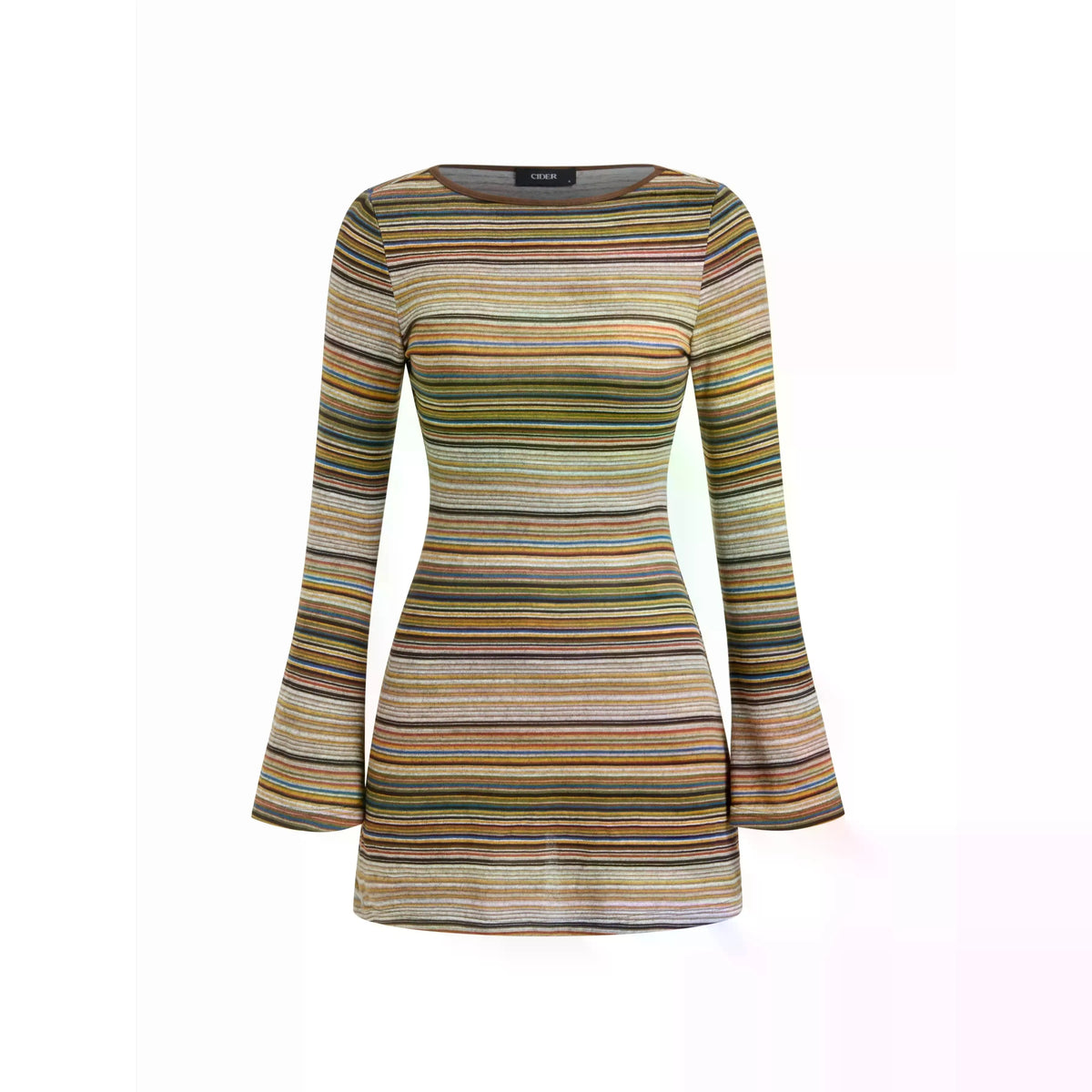 Womens Striped V Neck Bell Sleeve Knit Mini Dress Fashion