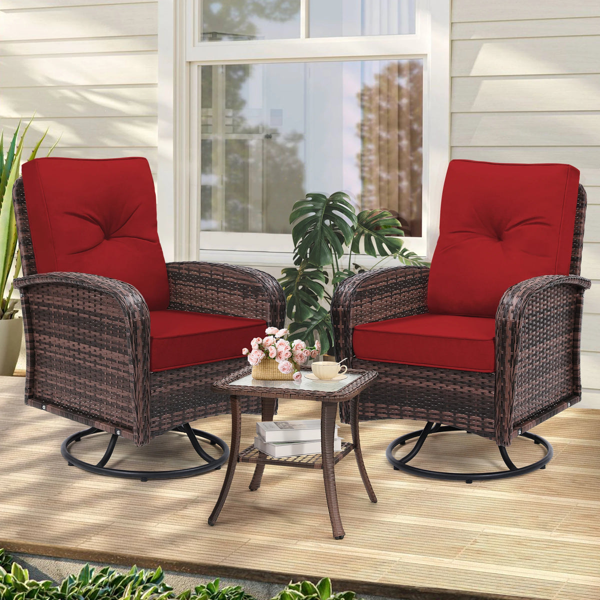 TUAREX Swivel Wicker Chair With Side Table Outdoor Patio Furniture Set Washable Thick Cushion For Balcony Deck Garden