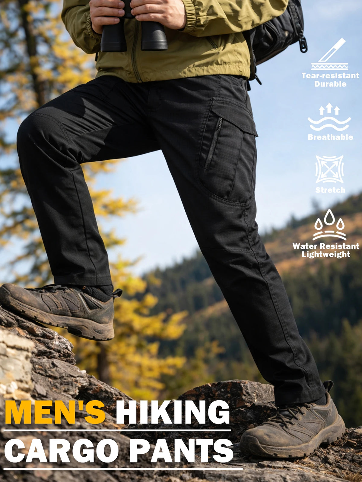 Mens Lightweight Ripstop Cargo Pants Water Resistant Outdoor Trousers