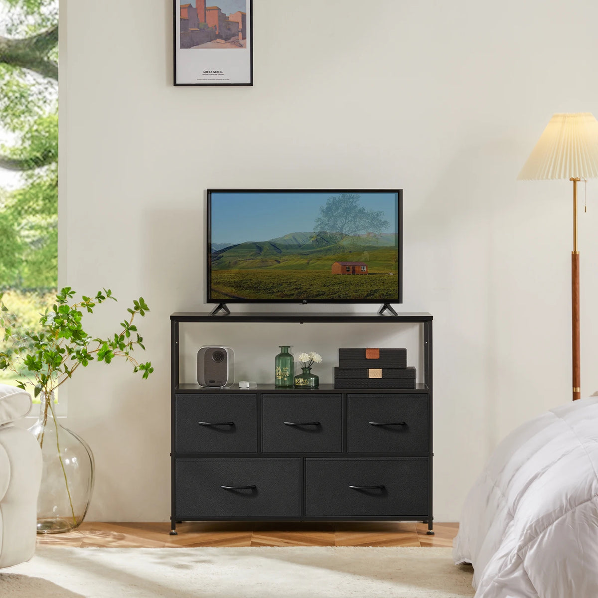 MCQ TV Stand Dresser with 5 Fabric Storage Drawers Media Console Featuring Open Shelf for TV Compact Entertainment Unit for Bedroom Living Space or Dorm Organization