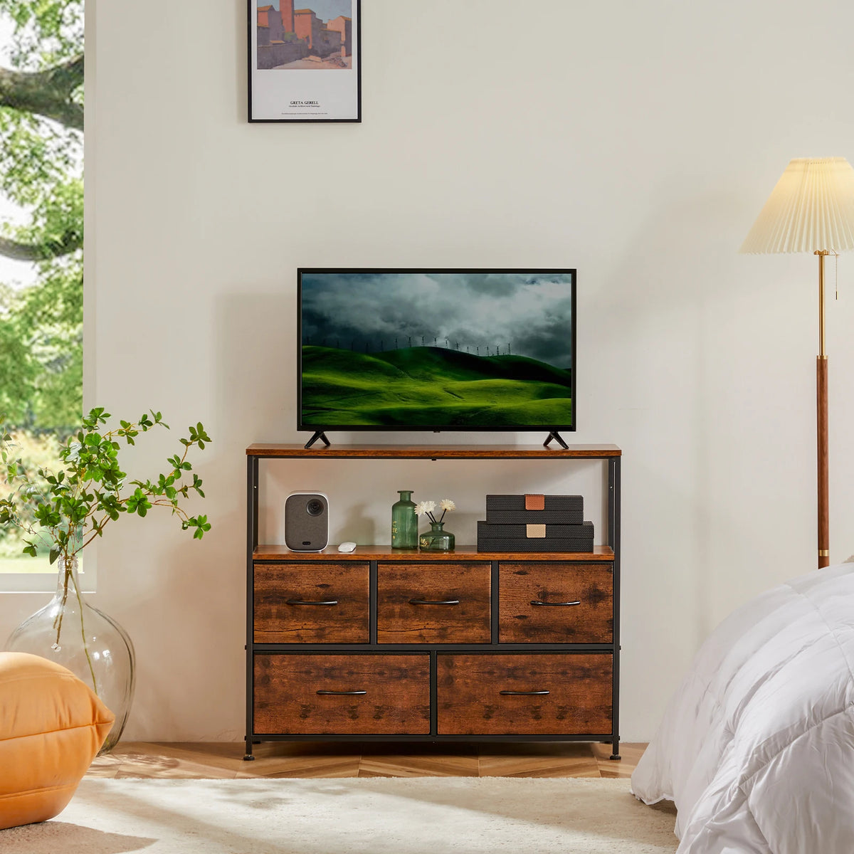 MCQ TV Stand Dresser with 5 Fabric Storage Drawers Media Console Featuring Open Shelf for TV Compact Entertainment Unit for Bedroom Living Space or Dorm Organization