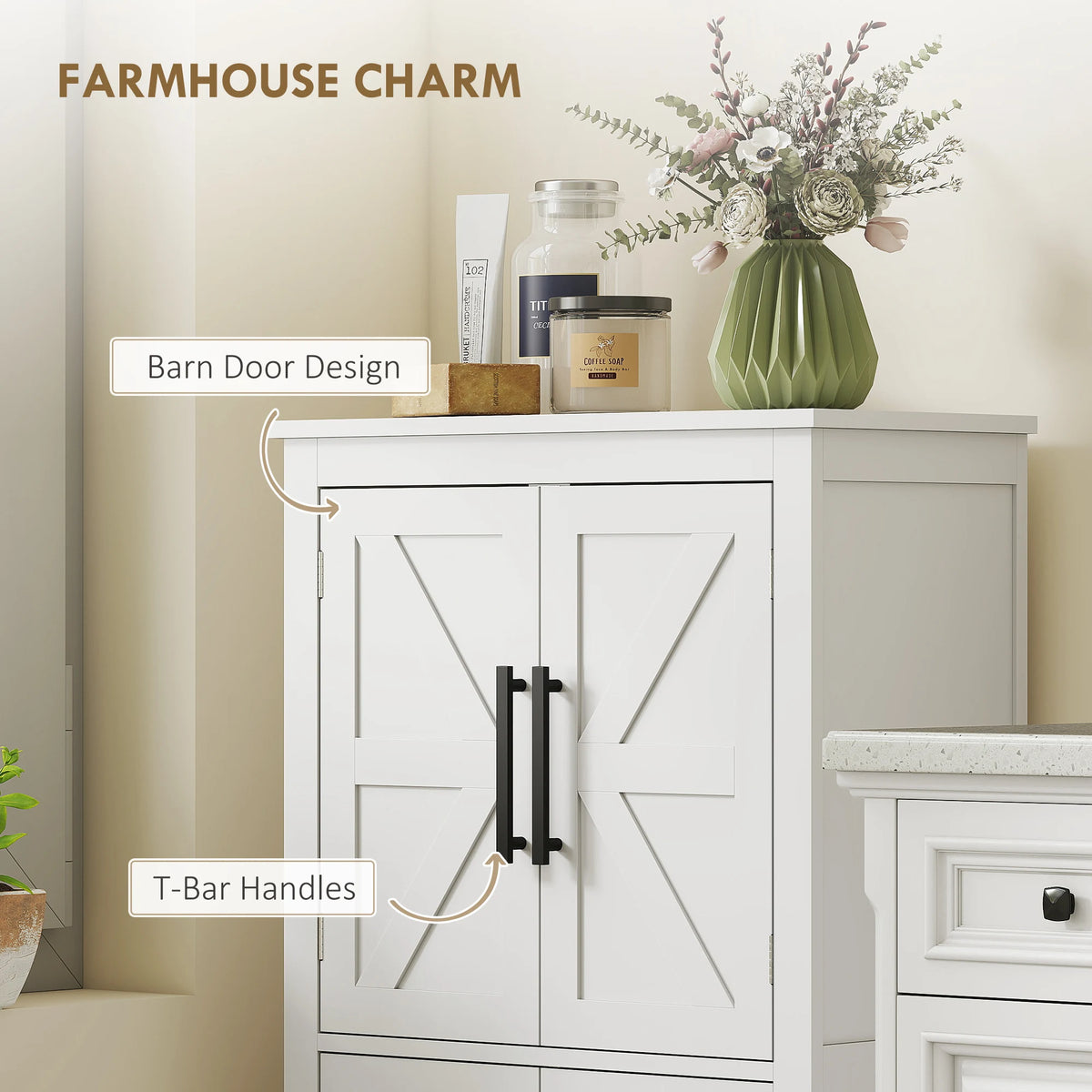 HOMCOM Farmhouse Bathroom Storage Cabinet with 4 Barn Doors, Bathroom Floor Cabinet with 2 Adjustable Shelf, Freestanding Storage Cupboard, White