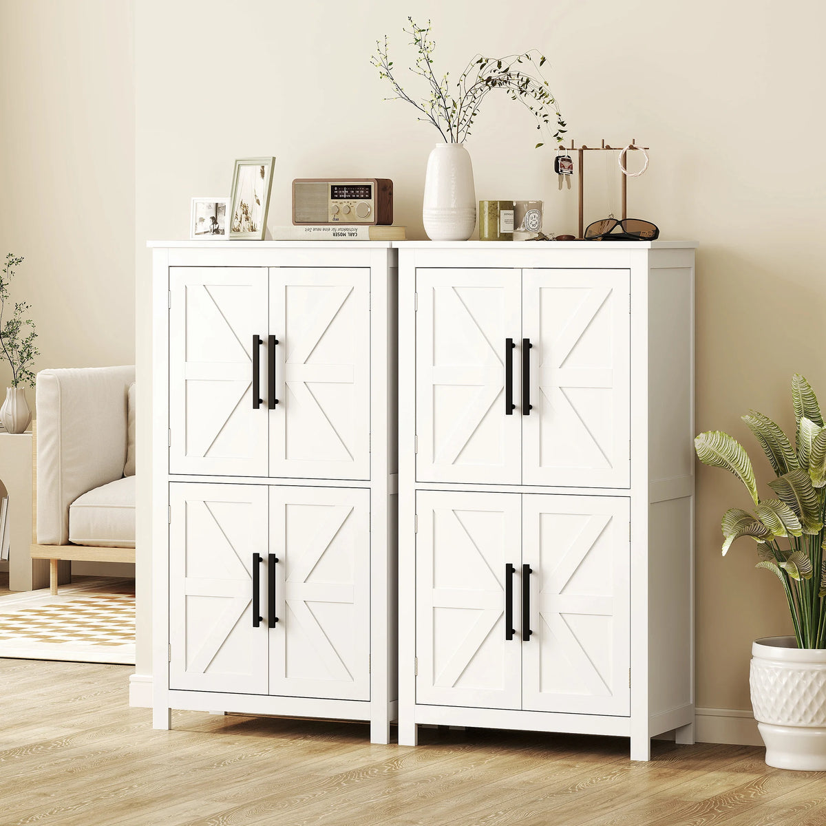 HOMCOM Farmhouse Bathroom Storage Cabinet with 4 Barn Doors, Bathroom Floor Cabinet with 2 Adjustable Shelf, Freestanding Storage Cupboard, White
