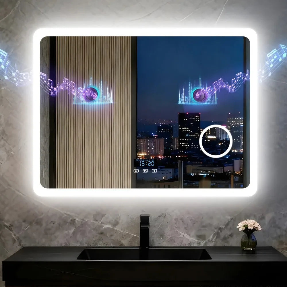 LED Bluetooth Bathroom Mirror 3x Magnifying Vanity Mirror w Anti-fog, 3 Color Memory Light, Rectangular 1200mm, 1000mm, 800mm