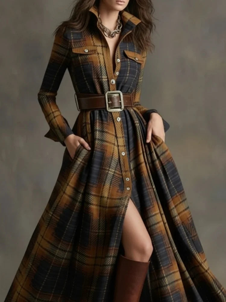 Plaid Maxi Shirt Dress With Collar Pockets And Self Tie