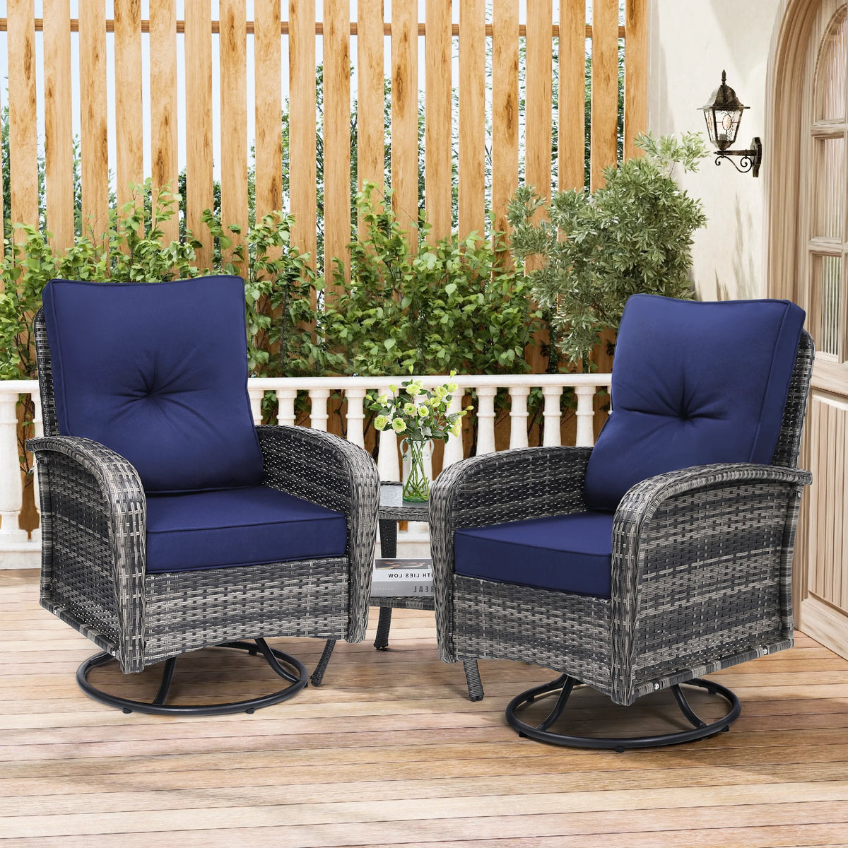 TUAREX Swivel Wicker Chair With Side Table Outdoor Patio Furniture Set Washable Thick Cushion For Balcony Deck Garden