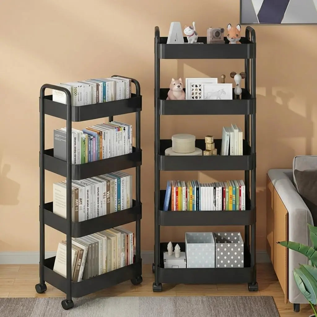 5-Tier Rolling Cart, Plastic Storage Cart with Handle, Plastic Utility Shelving, Space-Saving Mobile Organizer Carts for Kitchen, Bathroom, Laundry, Black
