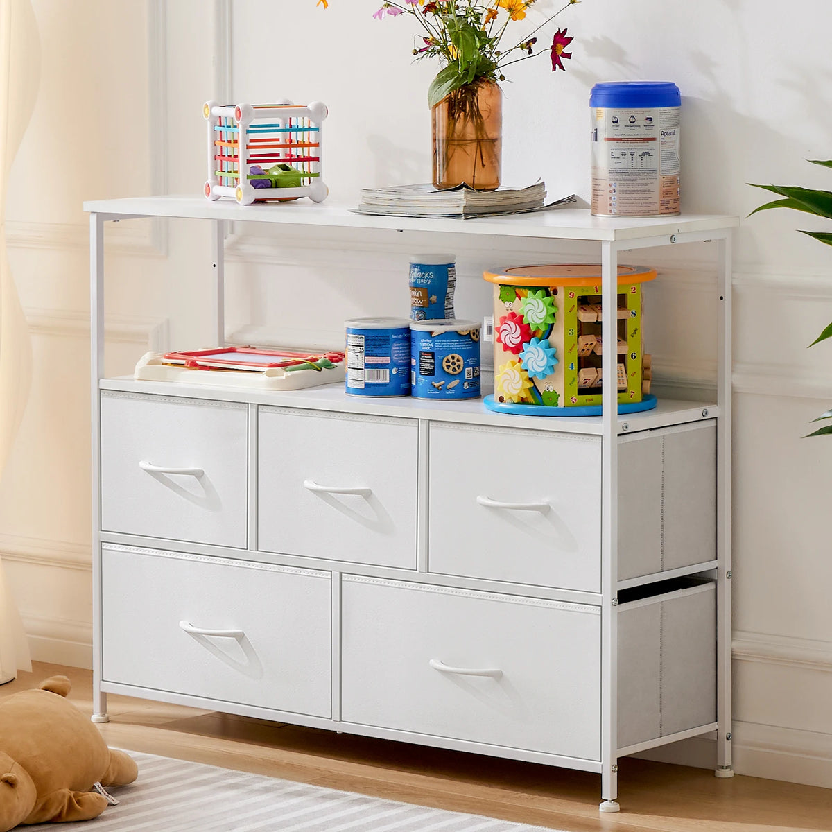 MCQ TV Stand Dresser with 5 Fabric Storage Drawers Media Console Featuring Open Shelf for TV Compact Entertainment Unit for Bedroom Living Space or Dorm Organization