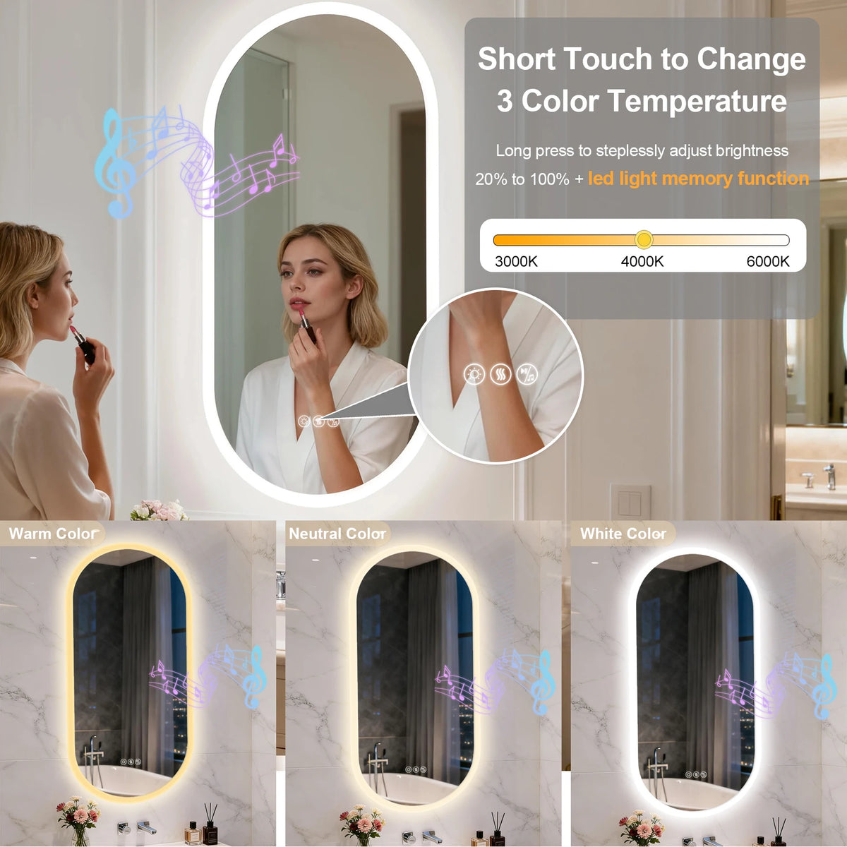 LED Bathroom Mirror 40"/48'' Oval Wall Vanity Mirror with Bluetooth Speakers, Anti-Fog, 3 Color , Dimming, Memory Function