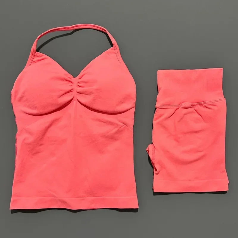 Seamless Backless Halter Yoga Tank Top And Shorts Set
