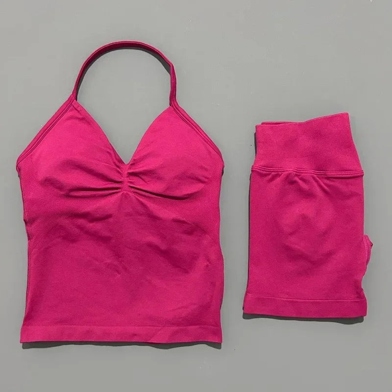 Seamless Backless Halter Yoga Tank Top And Shorts Set