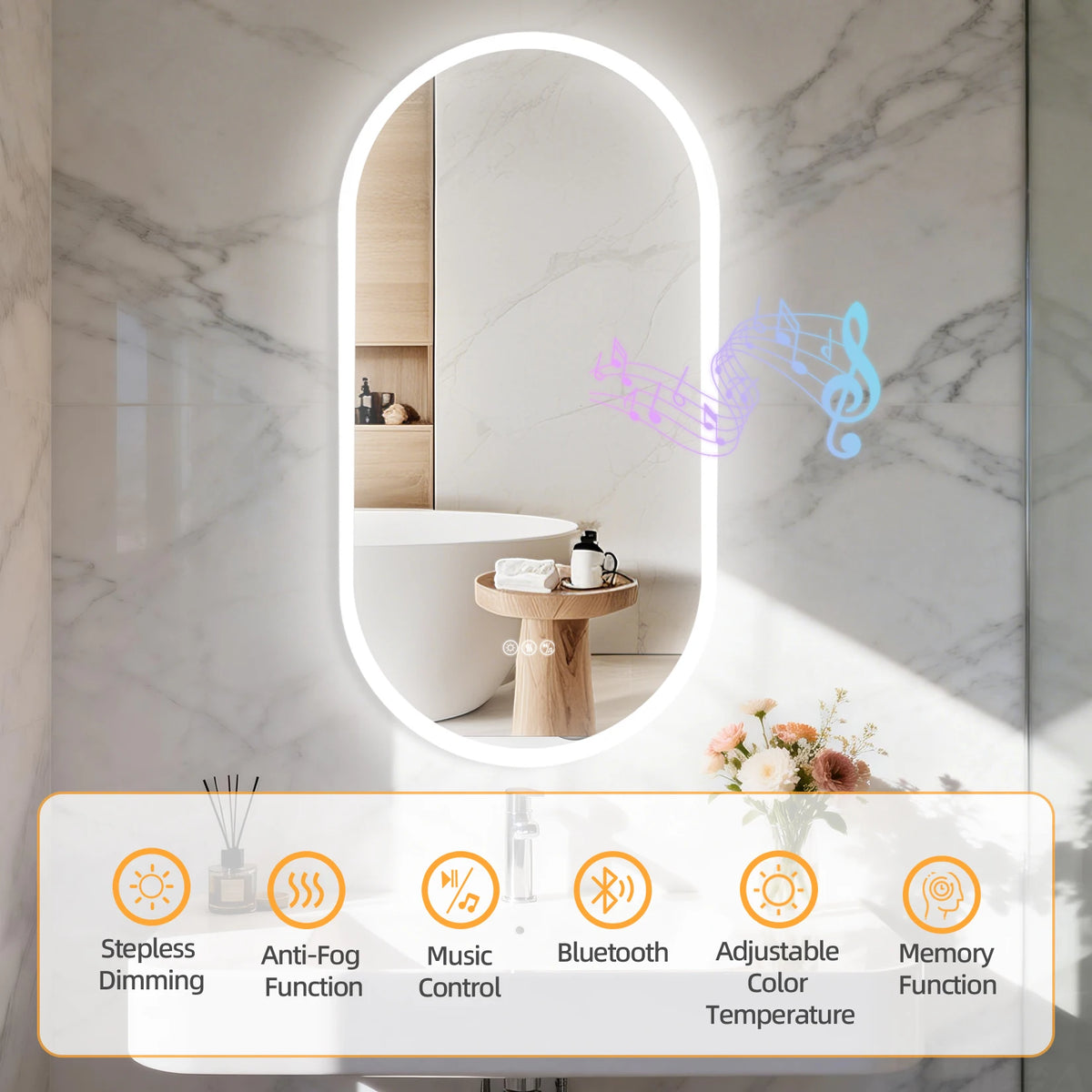 LED Bathroom Mirror 40"/48'' Oval Wall Vanity Mirror with Bluetooth Speakers, Anti-Fog, 3 Color , Dimming, Memory Function