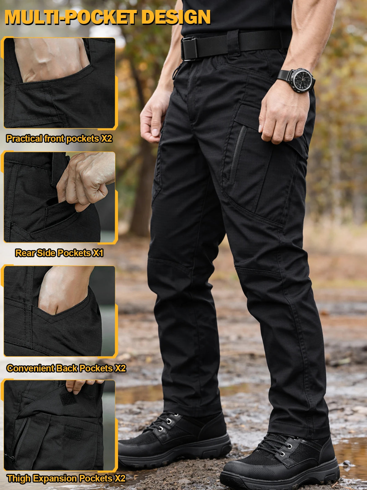 Mens Lightweight Ripstop Cargo Pants Water Resistant Outdoor Trousers