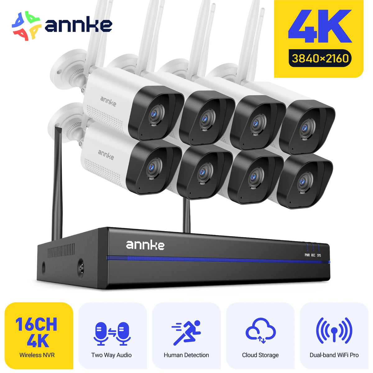 ANNKE 8MP WiFi Security Surveillance Camera System Kit Motion Tracking Color Night Vision 16CH 4K NVR Wireless CCTV Cameras Set