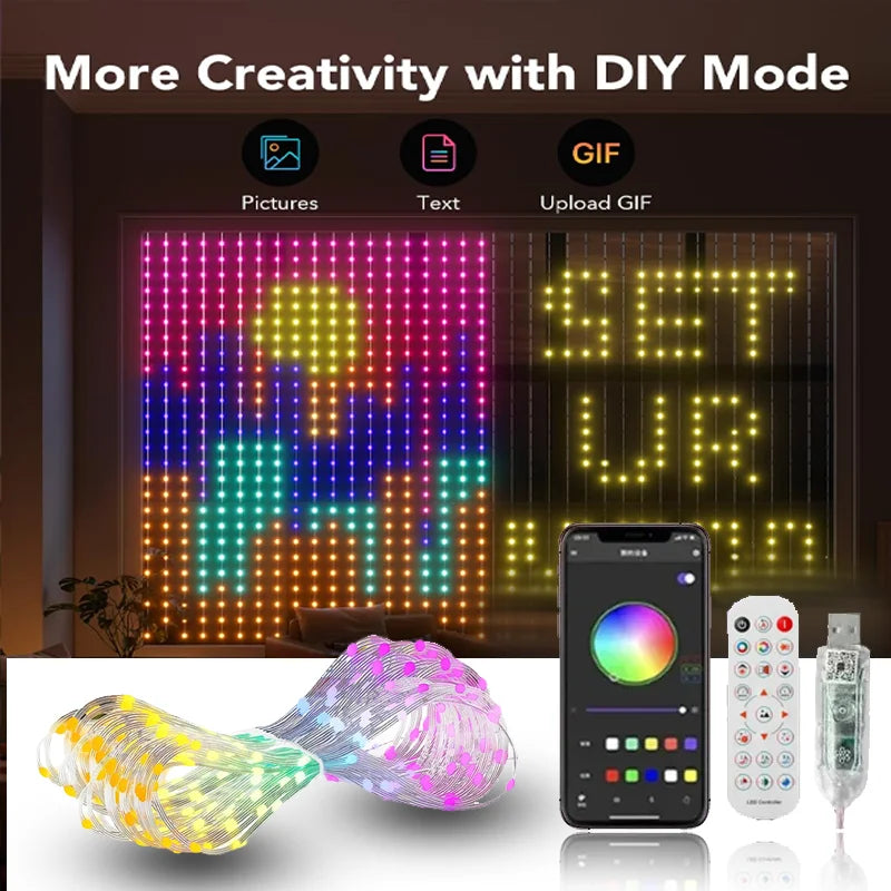 RGB Curtain String Lights Music Sync App Controlled Wall Decor