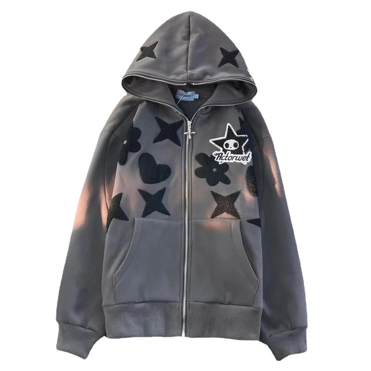 Women's Retro Embroidered Zip Up Hooded Jacket Casual Harajuku