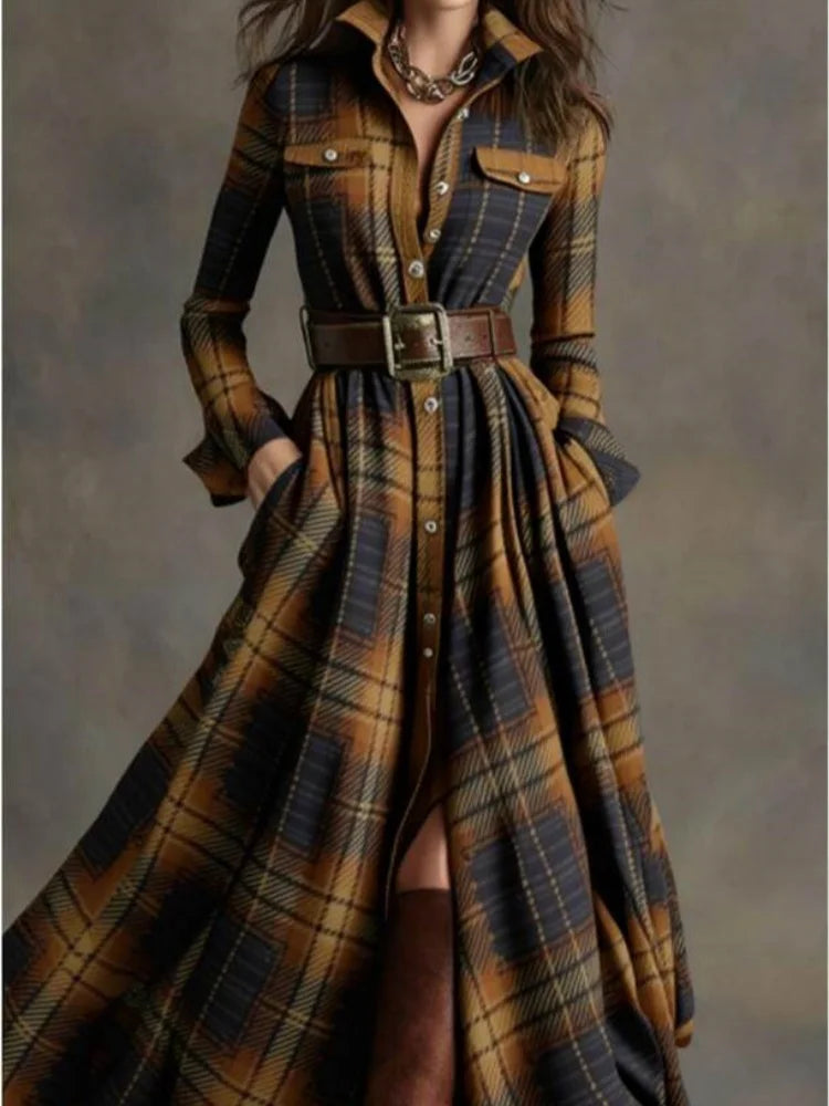Plaid Maxi Shirt Dress With Collar Pockets And Self Tie