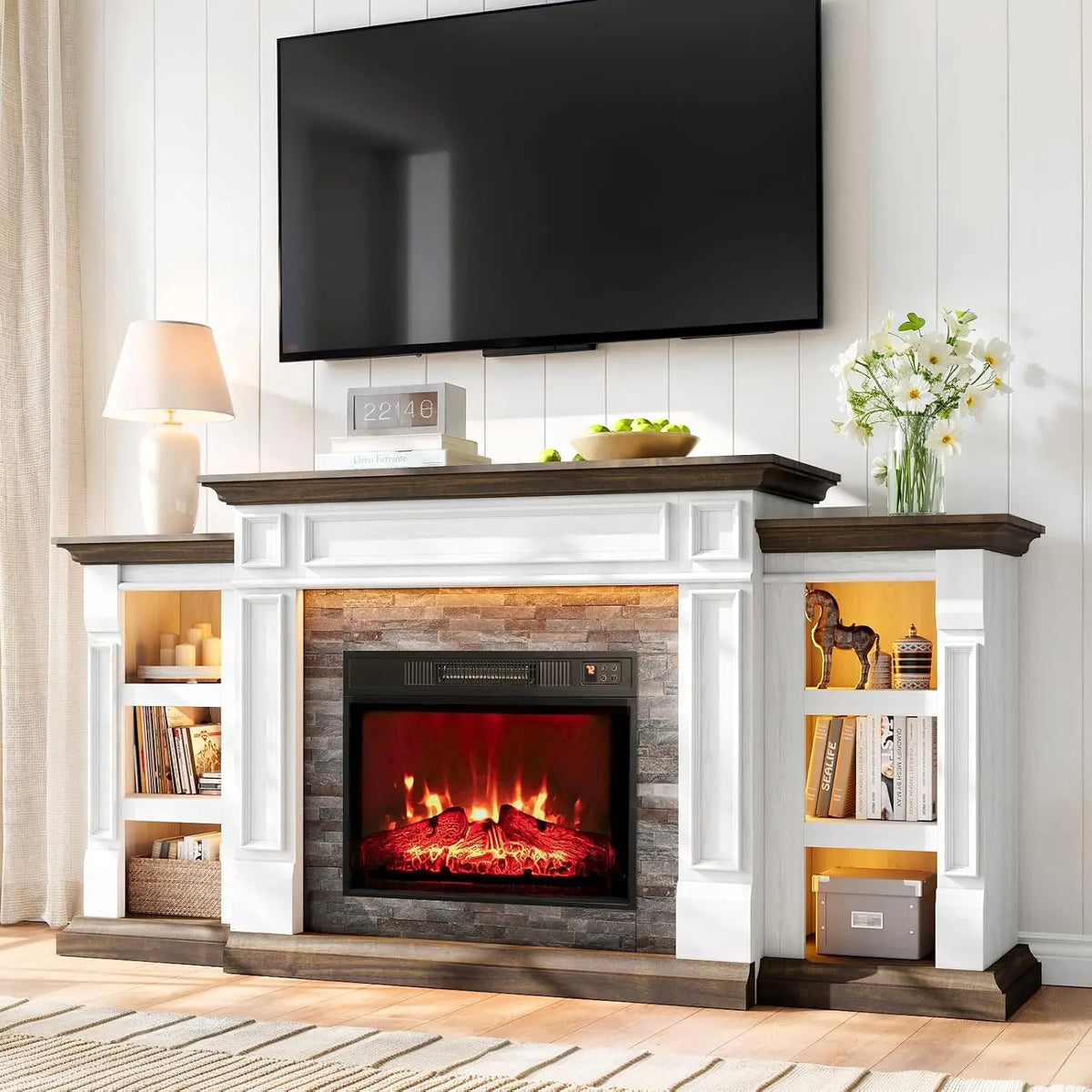 72" Electric Fireplace with Mantel, LED Light Fireplace TV Stand Entertainment Center for TVs up to 80",3D Realistic, Customized