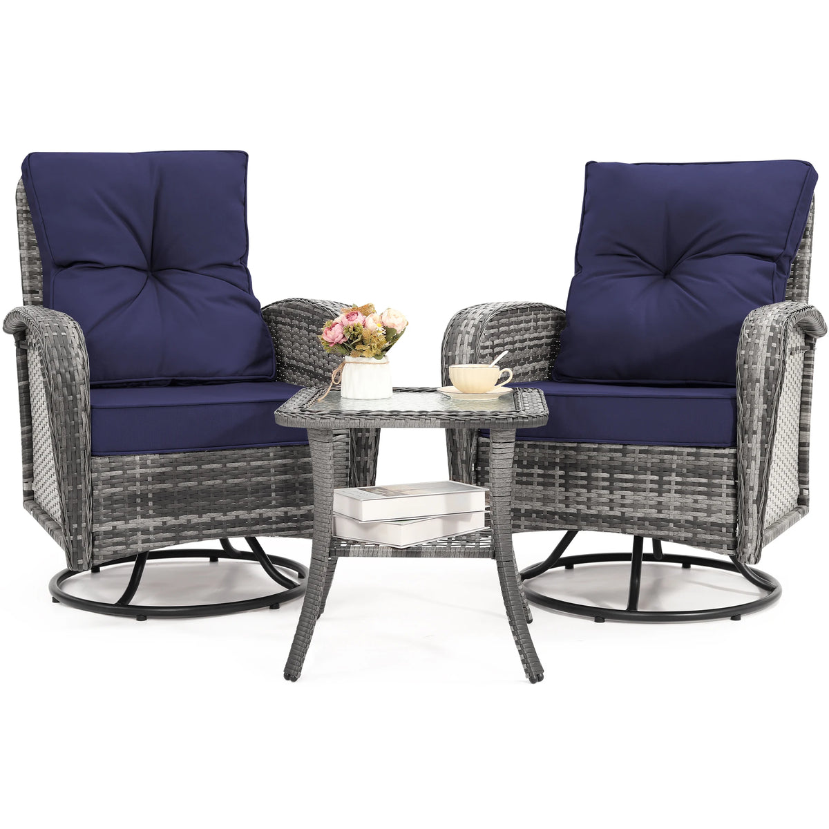 TUAREX Swivel Wicker Chair With Side Table Outdoor Patio Furniture Set Washable Thick Cushion For Balcony Deck Garden
